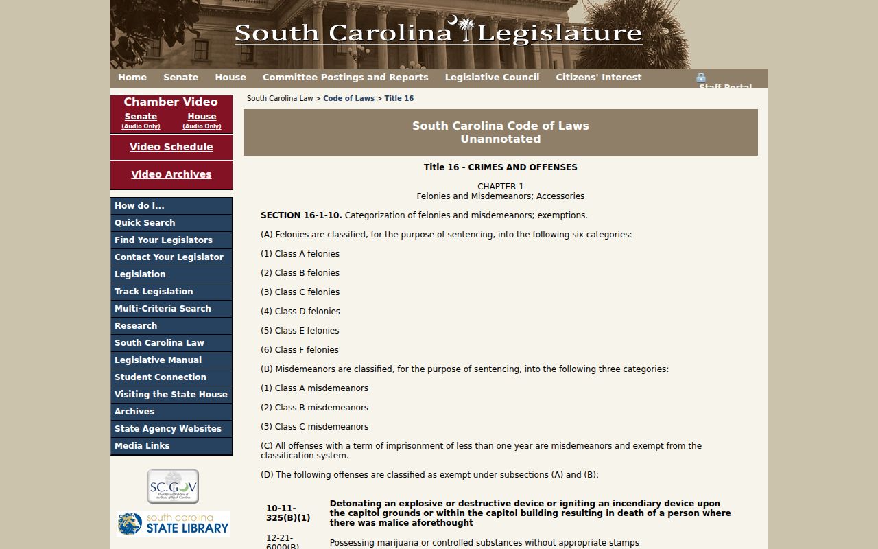 South Carolina offense classification law for Laurens County records